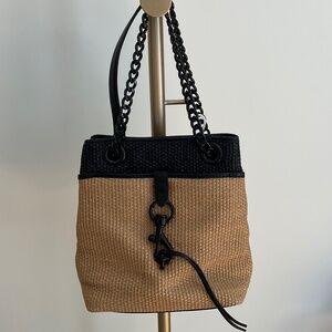 Rebecca Minkoff Edie Large Bucket Bag NWT Natural Woven Straw with Black Trim